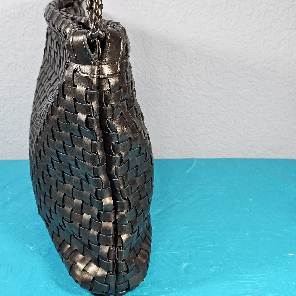 NINE WEST Woven Shoulder Tote Faux Leather Braided Shoulder Handbag Purse Bronze - Picture 3 of 15